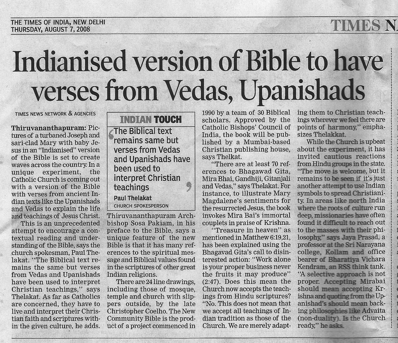 Catholic Church acknowledges teachings common to both the Bible and the Vedas