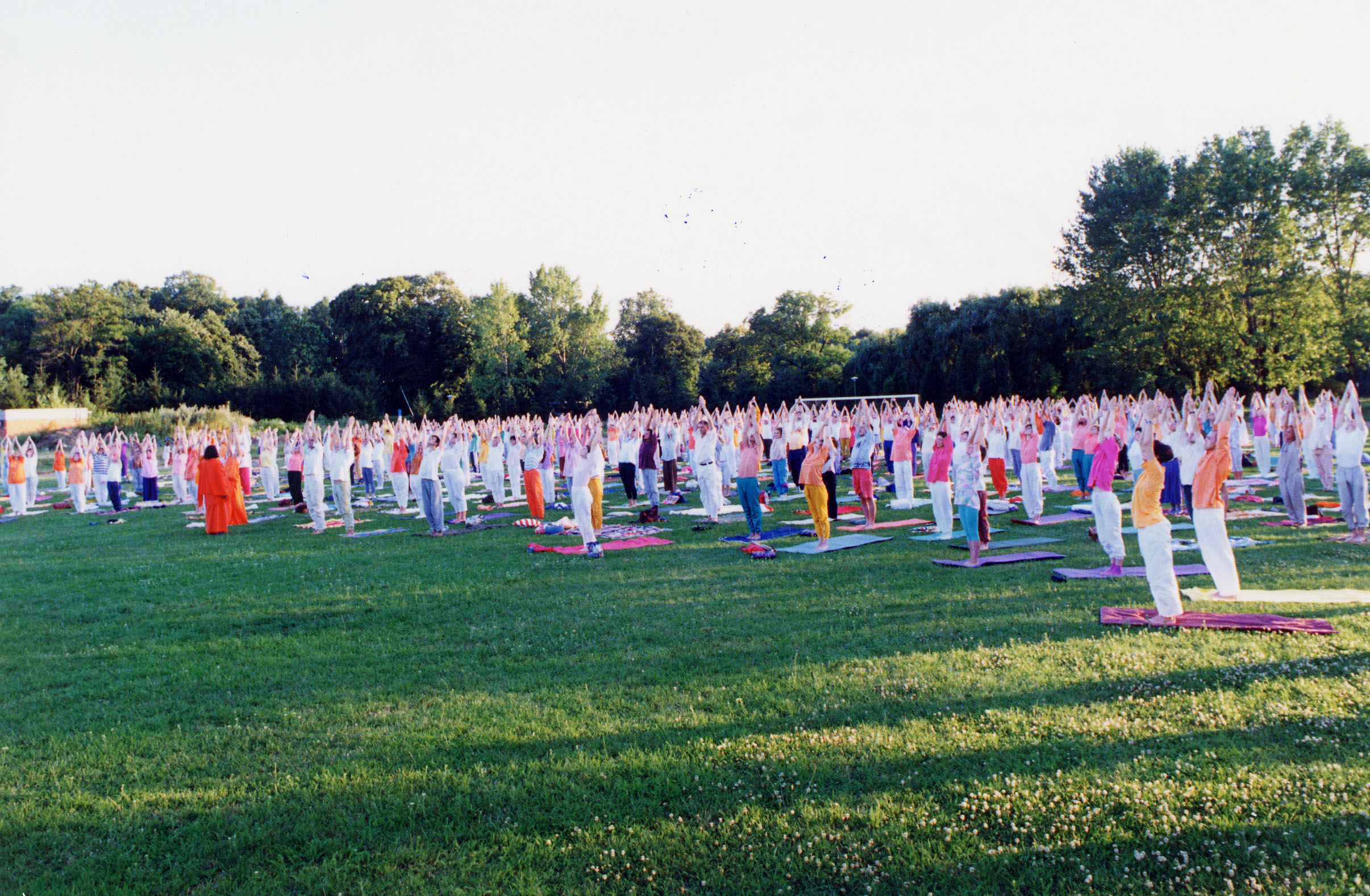 swamiji and big group doing tadasana on grass